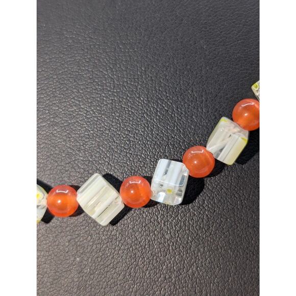 Orange Cat Eye Round & Clear Yellow Daisy Square Bead Toggle Clasp 25" Necklace - Picture 3 of 7